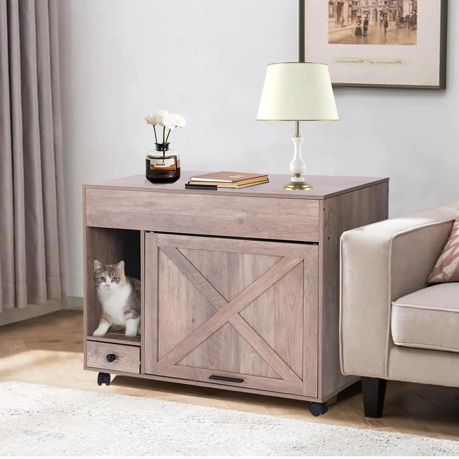 Cat Litter Box Enclosure Cabinet,Flip Top Hidden Litter Box Furniture,Indoor Wooden Covered Cat House with Drawer,Wheels