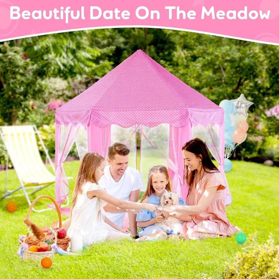 ピンクのプリンセスキャッスルテント、女の子用ラグ付き、六角形の妖精の遊び場、星型ライト付き屋内玩具、幼児向け