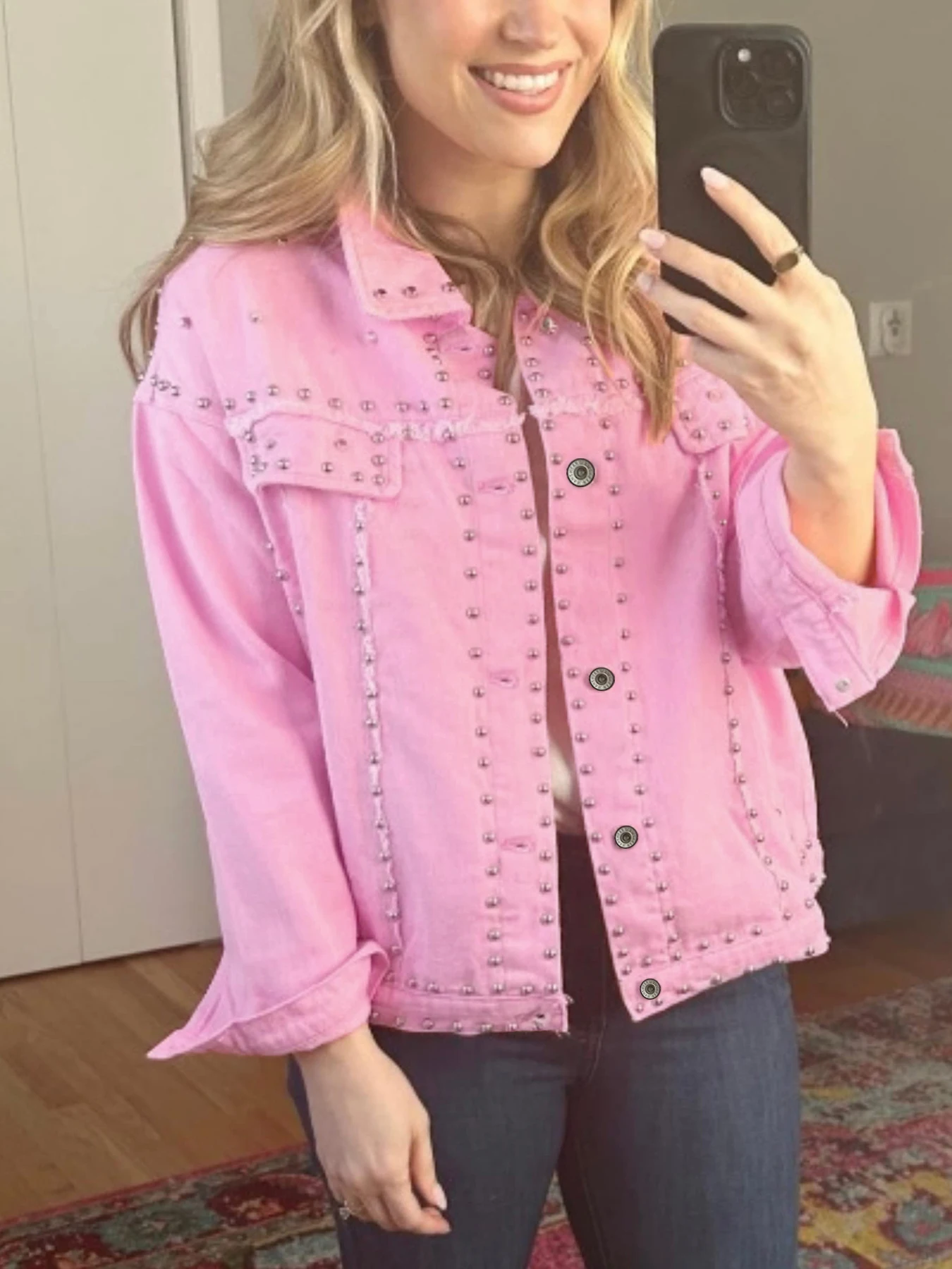 プラスサイズ レディース ルーズ ロカビリー デニムジャケット スタッズ付き ウォッシュドスタイル レディース オーバーサイズ ジーンズジャケット