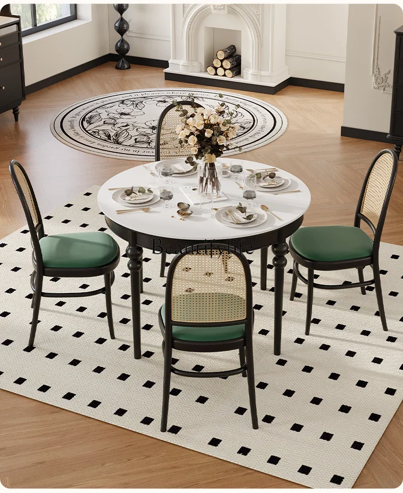 

N French Retro Solid Wood Stone Plate round Dining Tables and Chairs Set Rattan Living Room American Light Luxury Dining Table