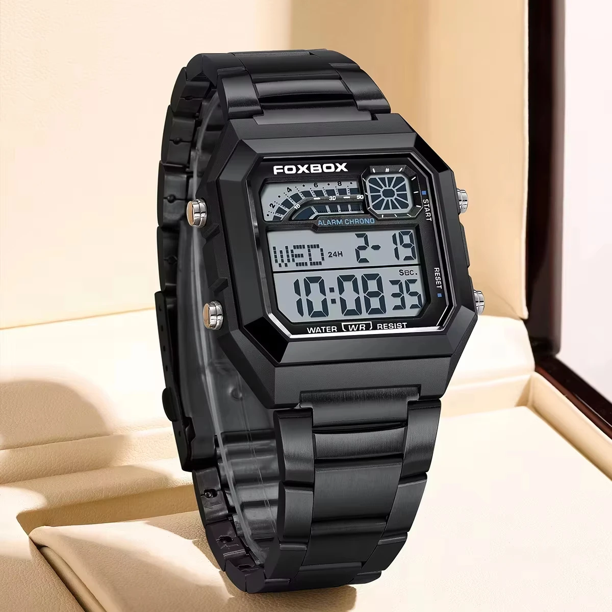 FOXBOX Military Watches For Men Fashion Sports Waterproof Quartz Man Watch Stainless Steel Alarm Chronograph Square Men's Watch