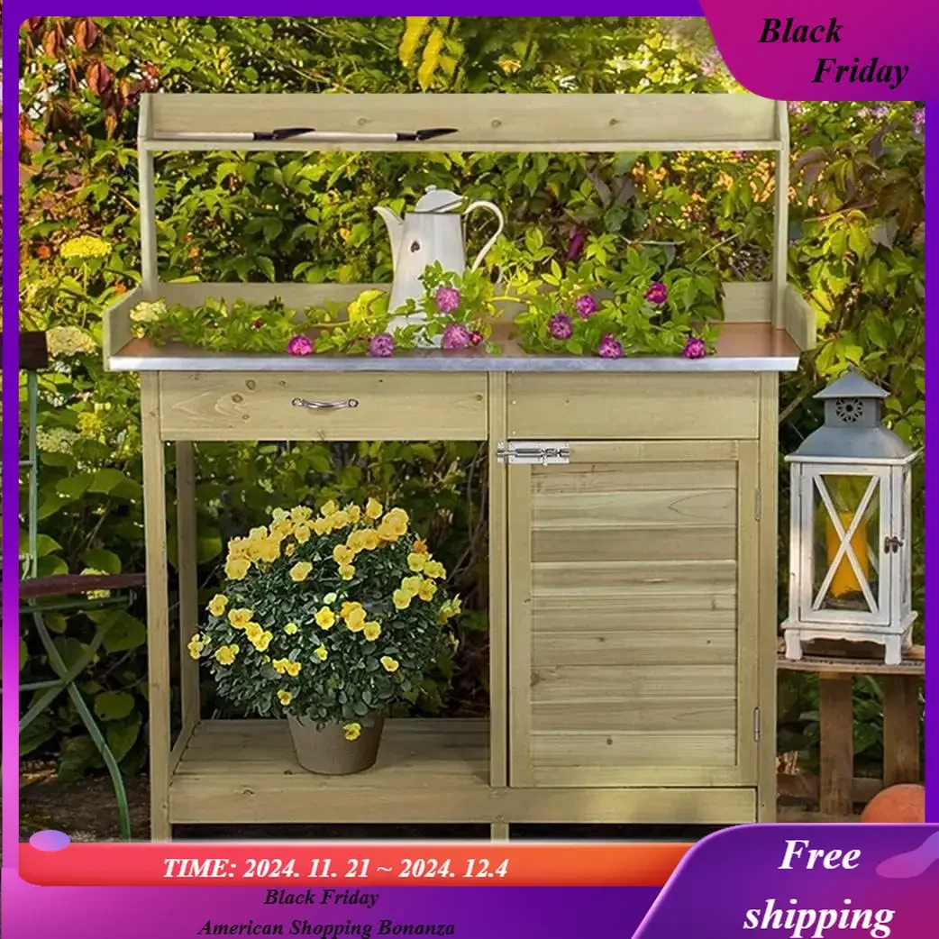 

Garden Potting Bench Potting Table ACQ Lumber Wood Outdoor Work Station Work Bench Planting with Cabinet & Drawer