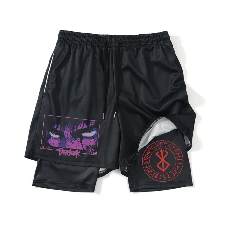 Pants Gym Man Summer Anime Men's Fitness Shorts Quick-drying Fake Two-piece Workout with Pocket Jogging Double Layer Sweatpants