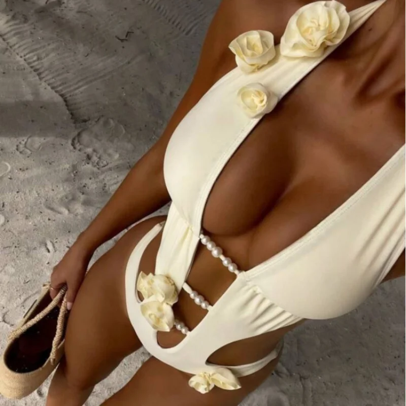 

Новый хит продаж: цельный купальник с вырезом на шее, ажурными вставками, 3D-цветами и жемчугом, с подкладкой, сексуальный, для женщин