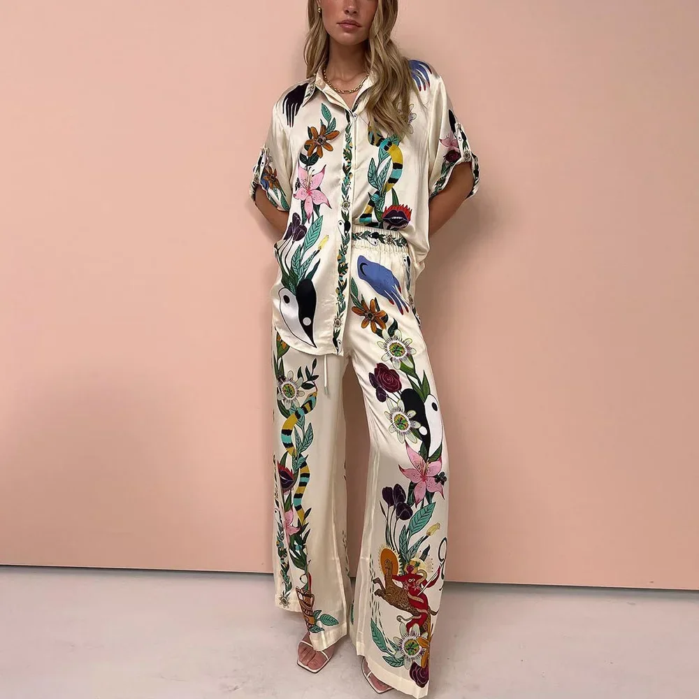 Women Printed 2 Pieces Set Short Sleeve Top Loose Long Pants Lady Spring Summer Hawaii Beach Casual Indie Folk Outfits 2024 NEW