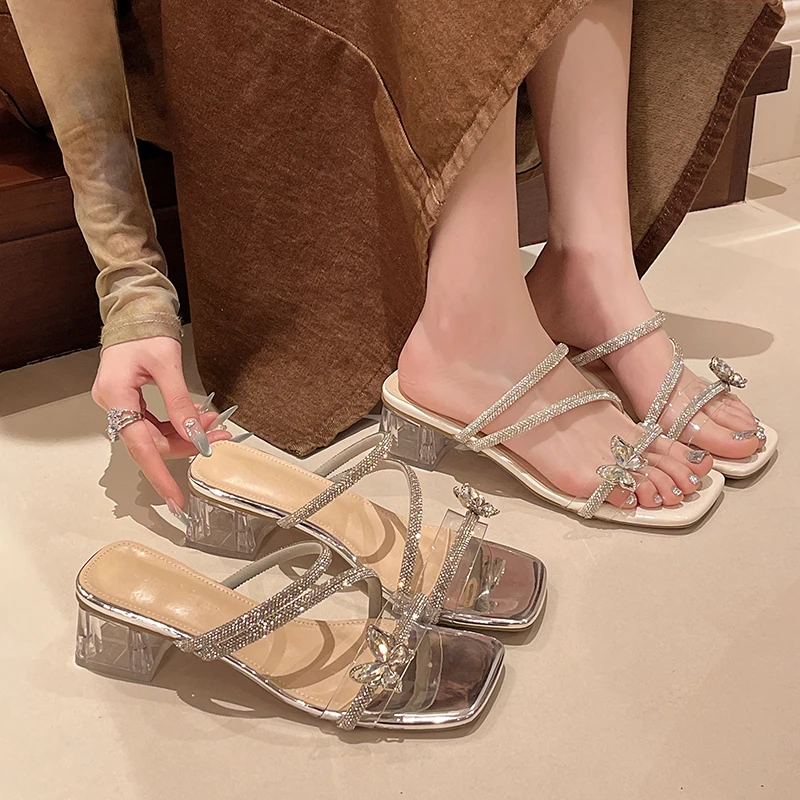 

Женская обувь, 2024, прозрачные тапочки на квадратном каблуке, блестящие шлепанцы, модные туфли-лодочки на каблуке, роскошные высокие летние туфли-лодочки Cryst