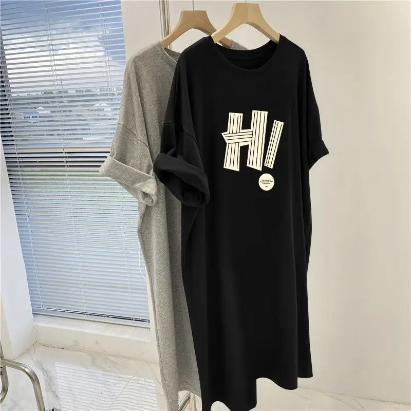 Simplicity Short Sleeve Pullovers Tshirt Dresses Ladies Casual Summer Thin Straight Women Clothing Fashion Loose O-neck Dresses