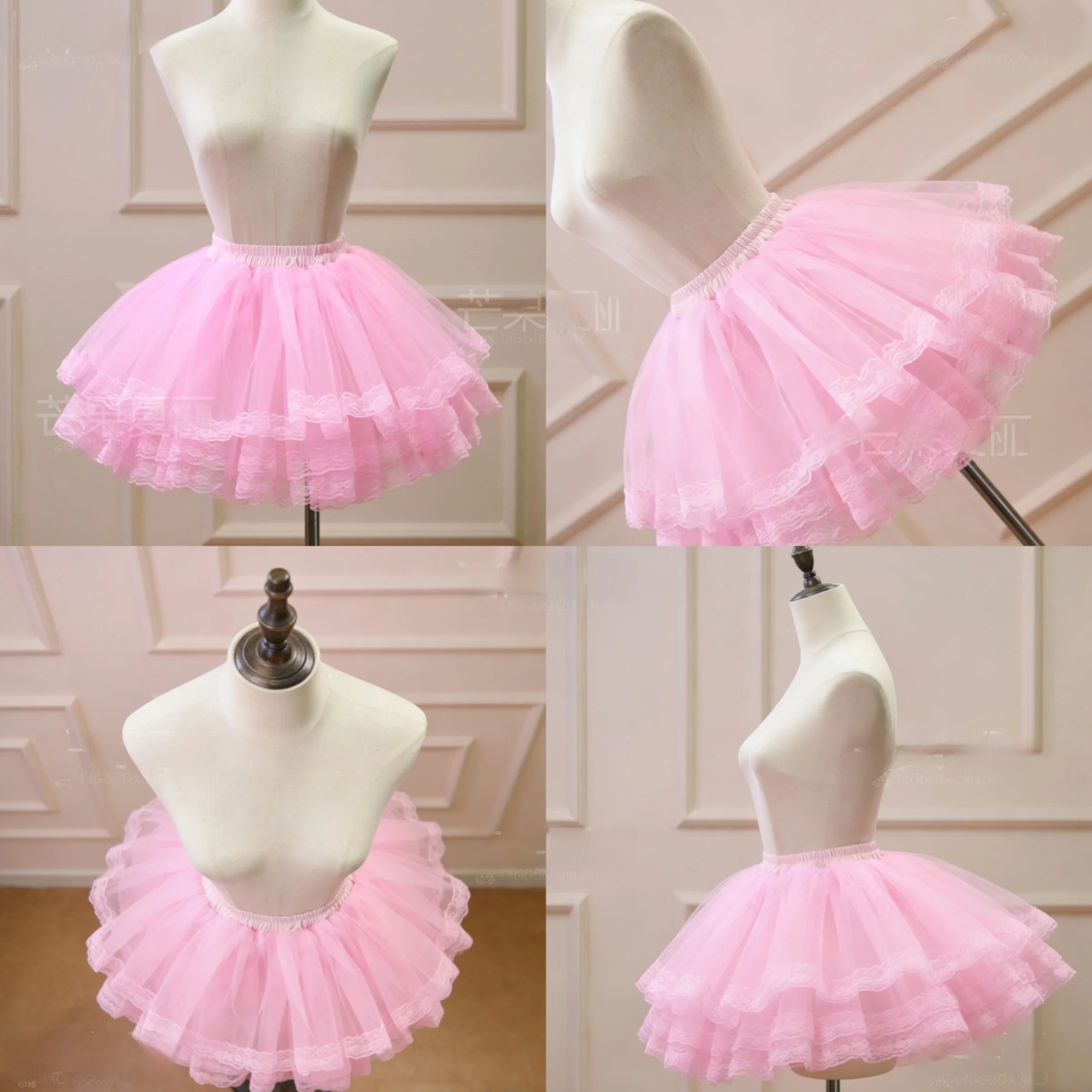 Pink Lolita Puffy Skirt Petticoat Short Lace Trimmed No-Bone Support Daily Wear Polyester Fabric Girls Students Fashion