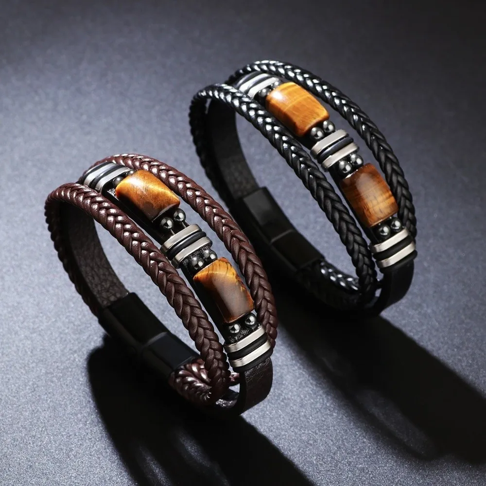 Wristband Bracelet Multi-Layer Tiger Eye Stone Bracelet Adjustabl Braided Leather Bracelet Retro Handmade Beaded Bracelet Men