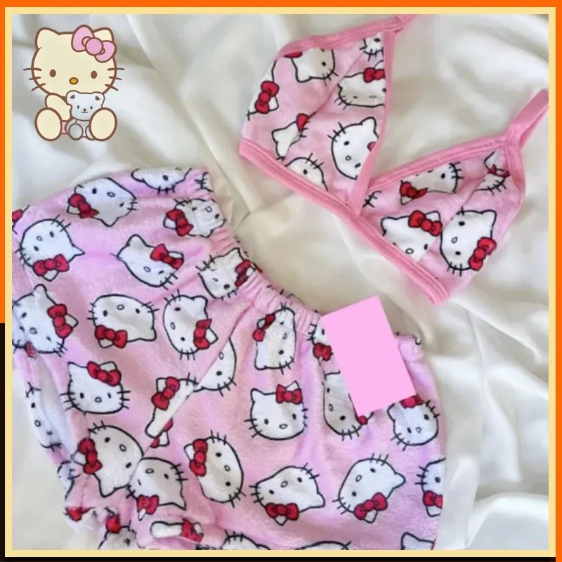 Sanrio Hello Kitty Pajamas Loose Ladies Two-piece Womens Cartoon Sleep Bottoms Lounge Home Wear Summer Beachwear Women Suit