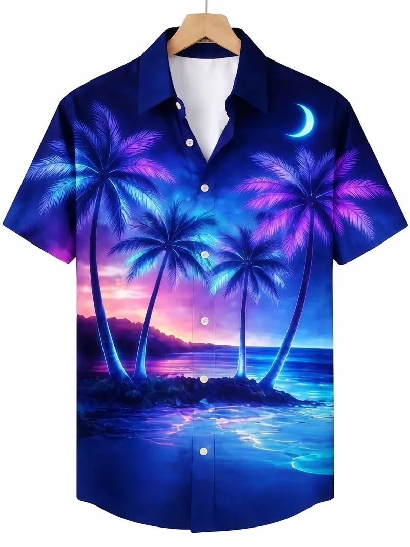 Men's Hawaiian Shirt Neon Palm Tree Beach Print Short Sleeve Button Down Aloha Shirt Summer Beach Vacation Shirts