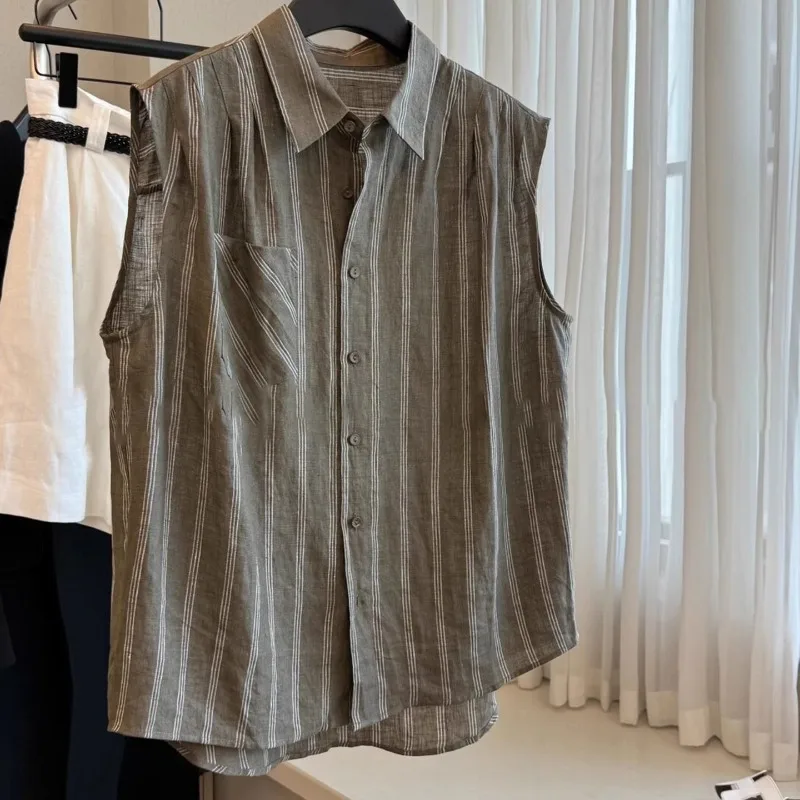 

Summer Thin Polo Shirt Striped Sleeveless Vest Vest Shirt Women's New Trendy Tops
