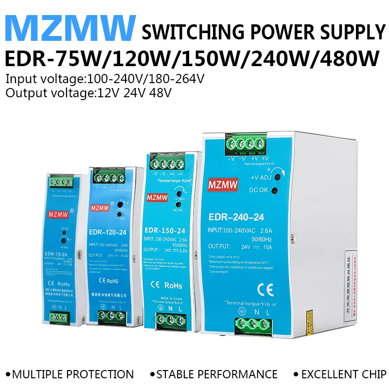 EDR-75W 120W 150W 240W 480W DIN Rail Switching Power Supply 12V 24V 100-240v AC To DC Industrial Transformer LED Driver