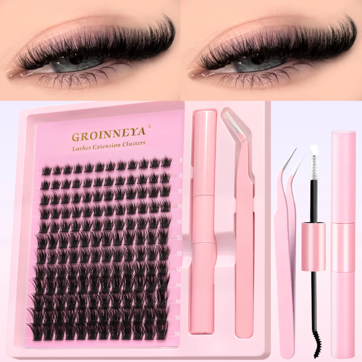 ​ GROINNEYA ​ ​   Soffici kit per ciglia a grappolo fai-da-te Ciglia individuali Estensione ciglia duratura Colla e guarnizione per ciglia ​ ​   Strumenti Trucco facile