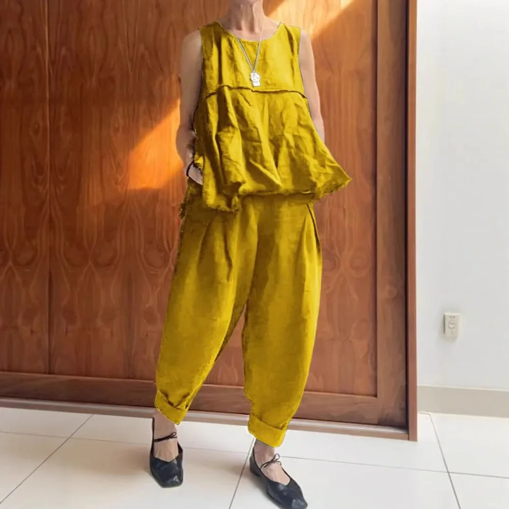 Eleganckie komplety damskie, letnie, nowe, bez rękawów, bawełniano-lniane, dwuczęściowe spodnie, zestaw codzienny, duże komplety.