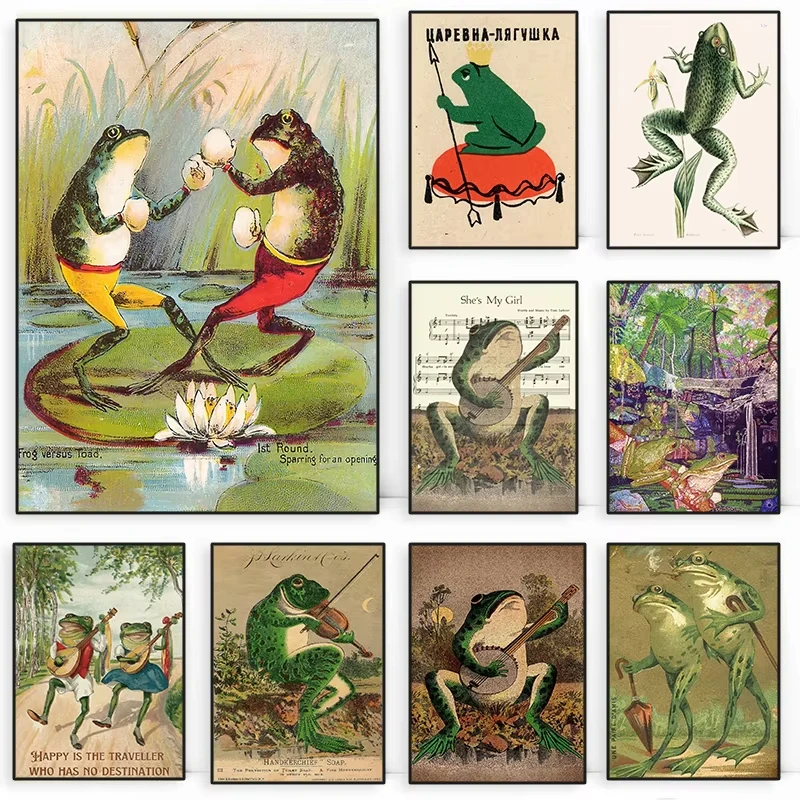 Japanisches Vintage-Poster mit buntem, lustigem Frosch, der Banjo spielt und singt, Frosch-Chor, Leinwandgemälde, Wandkunst, Wohnzimmer, Heimdekoration