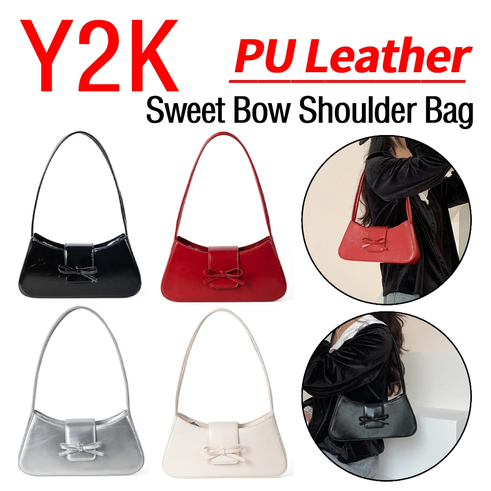 

Sweet Bow Y2K Purse PU Leather Fashion Handbag with Zipper Closure Clutch Purse Trendy Underarm Bag for Women and Girls