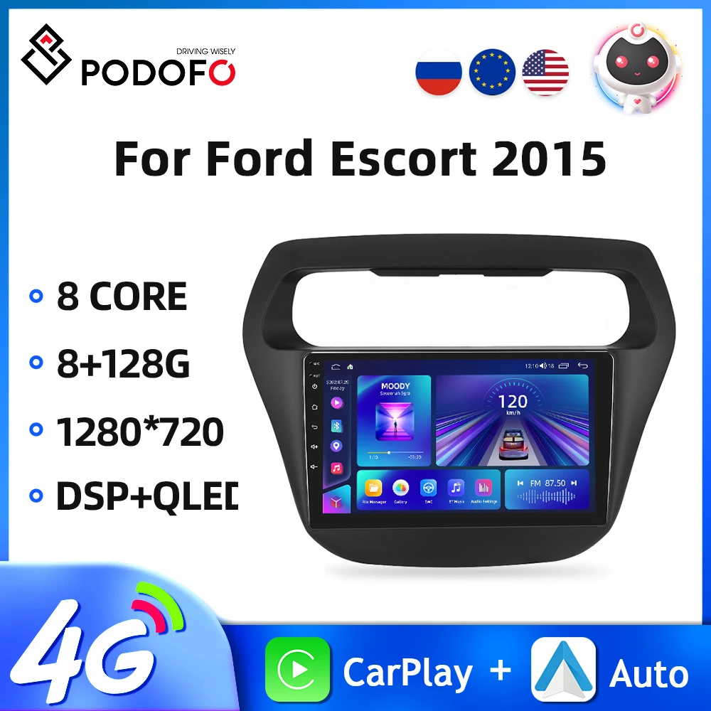 

Podofo 2Din Car Radio For Ford Escort Non-reflective 2015 Autoradio 9'' Android 10 Car Multimedia Player GPS 4G WIFI Carplay