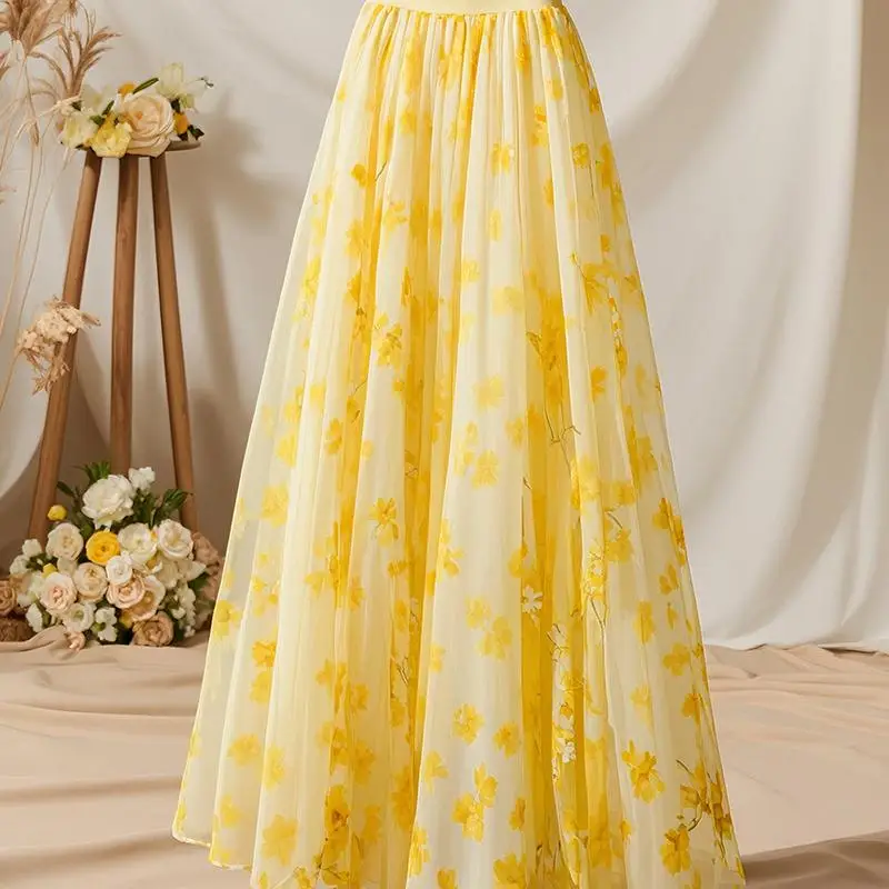 Summer New Style Sweet Yellow Floral Print Half Skirt High Waist A-Line Midi Skirt Elegant Fashionable Women's Clothing