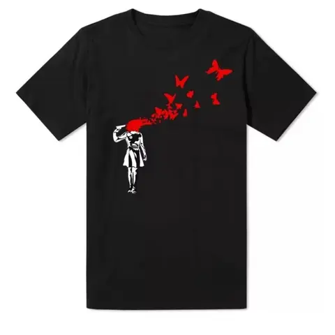 Fashion Banksy Girl Blowing Brains Out Red Butterflies Street Art Men Women T Shirt Top Cool Casual Pride Tee Streetwear Men Tee