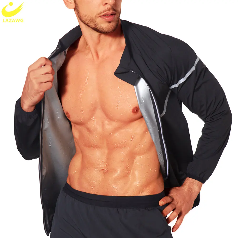 LAZAWG Men\'s Sauna Jacket for Weight Loss Zipper Thin Sweat Top Long Sleeve Slimming Fat Burner Body Shaper Exercise Sportwear