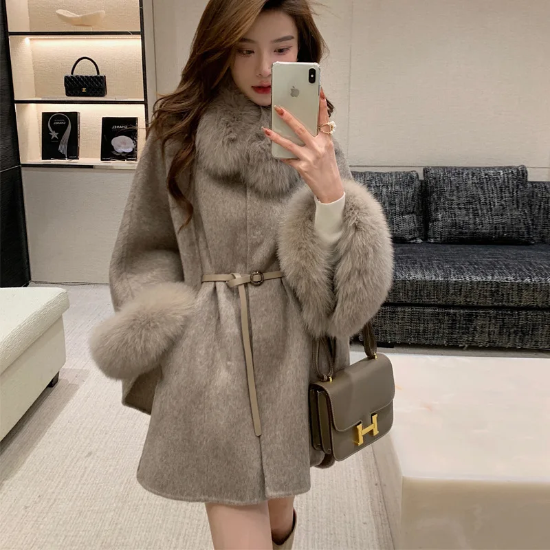 

High End Double Sided Cashmere Coat Women's Fox Collar Cloak Shawl Woolen Fashion Warm Wool Fur Coats Women 2024 Winter New