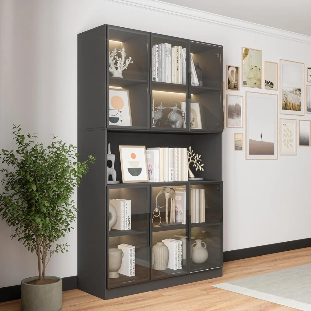 Display Cabinet with 6 Glass Doors and LED Light, 5-Tier Storage Shelve, Bookcase, Living Room Cabinets for Collectibles.