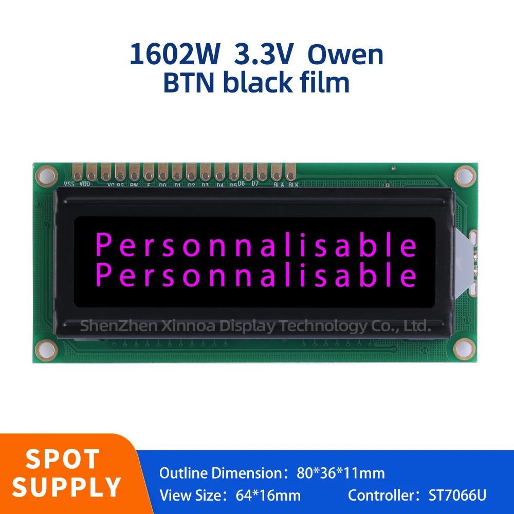 

Full Angle Wide Temperature LCM16 * 2 Module 1602W 3.3V European Display Module BTN Black Film Purple Letter Stn High Frame 12MM