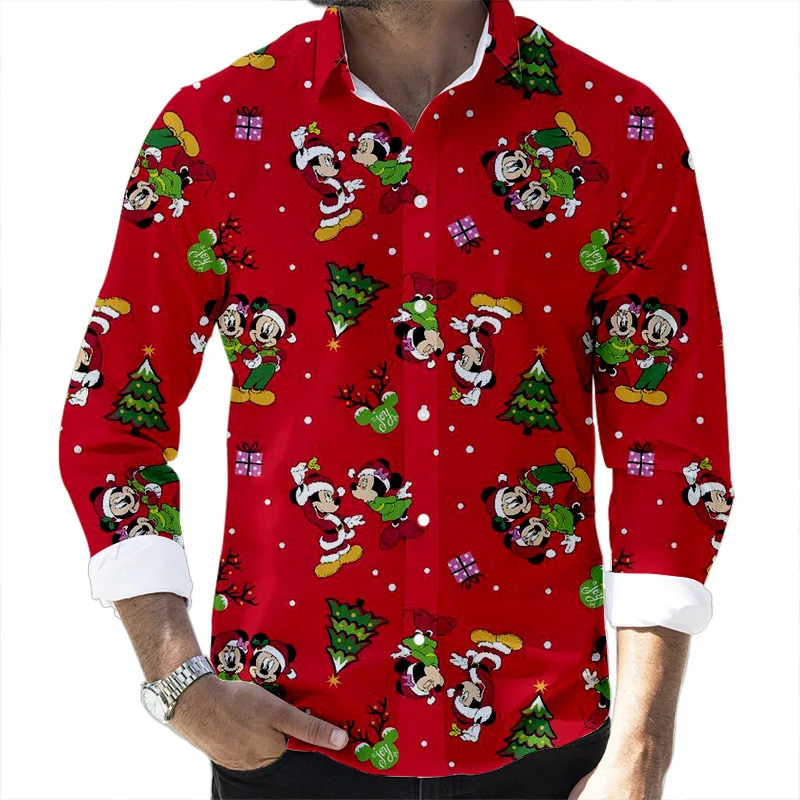 New Christmas Fall Popular Disney Brand Stitch and Mickey Anime 3D Printed Long Sleeve Lapel Shirt Slim Fit Men\'s Top y2k