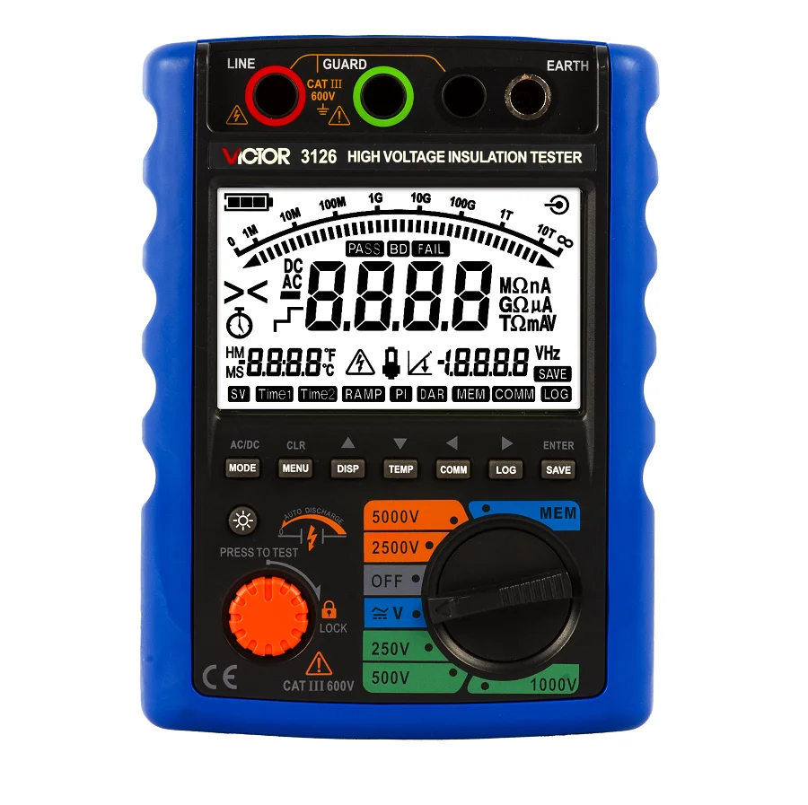 

VICTOR 3126 5000V Digital High Voltage Insulation Resistance Tester Auto Range 9999 Counts IP40 USB Communication SCPI Command