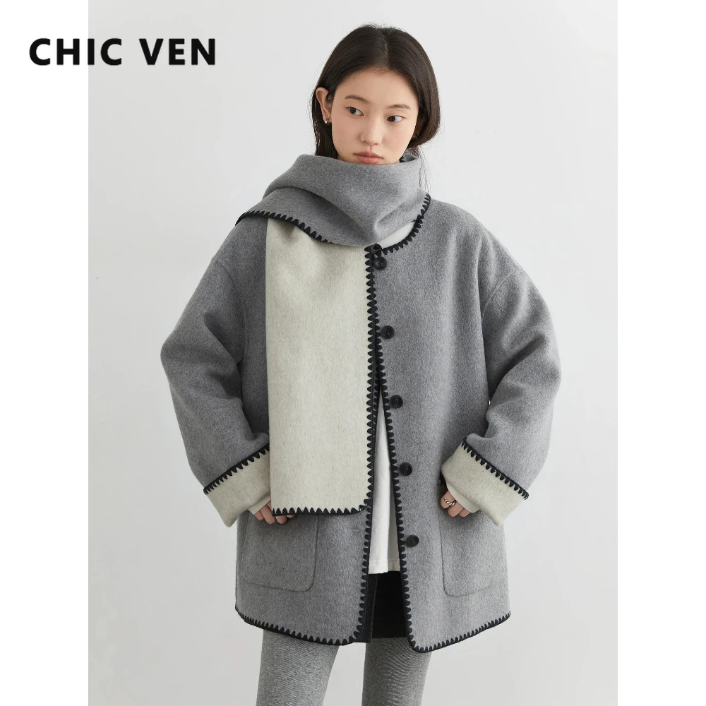 

CHIC VEN модное женское шерстяное пальто однобортное новое двустороннее с круглым вырезом и шарфом женская теплая куртка осень-зима 2025
