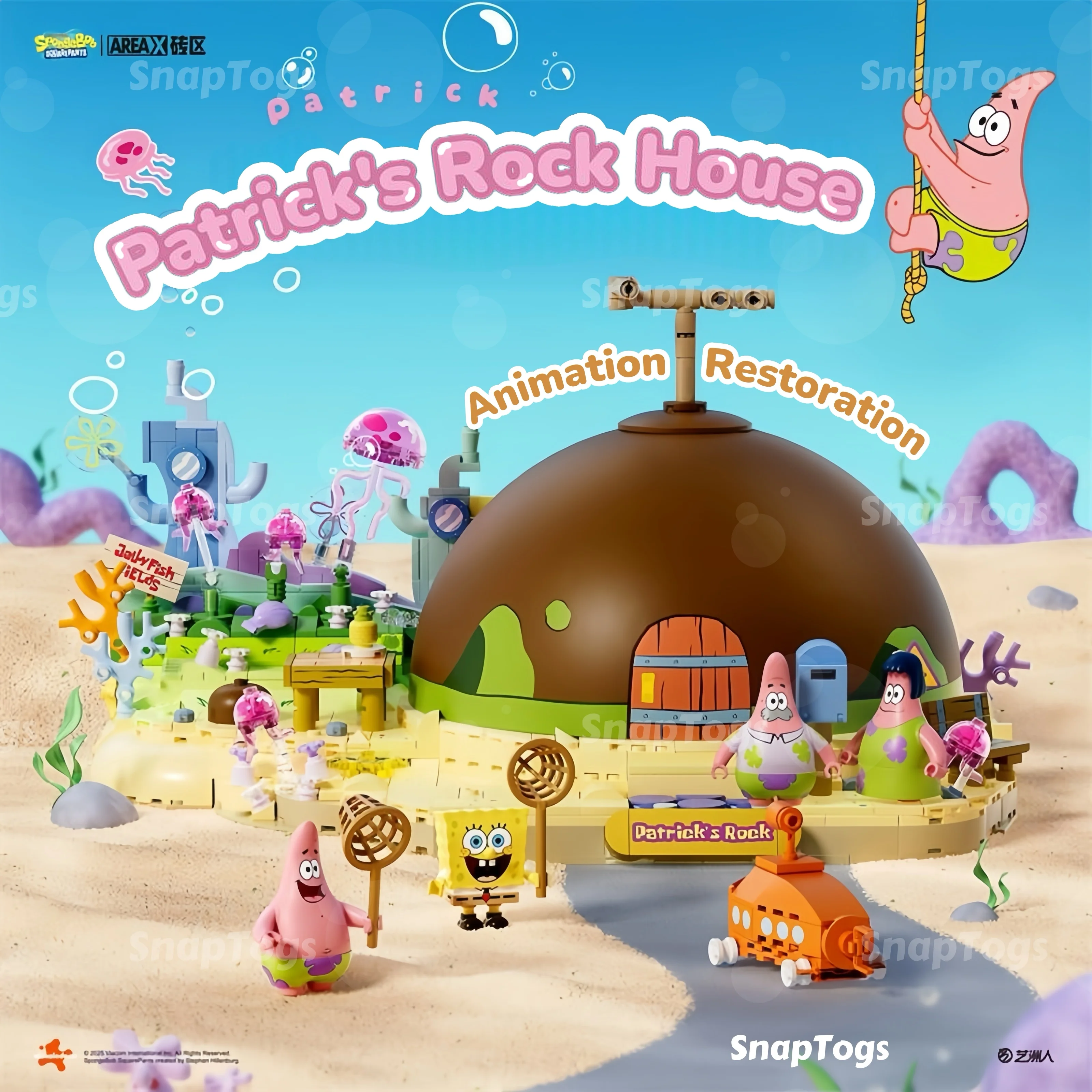 SnapTogs AREAX, nueva serie de parte inferior de Bikini, bloques de construcción, casa de Rock de Patrick, Bob Esponja, escena animada, colección de ensamblaje, regalo