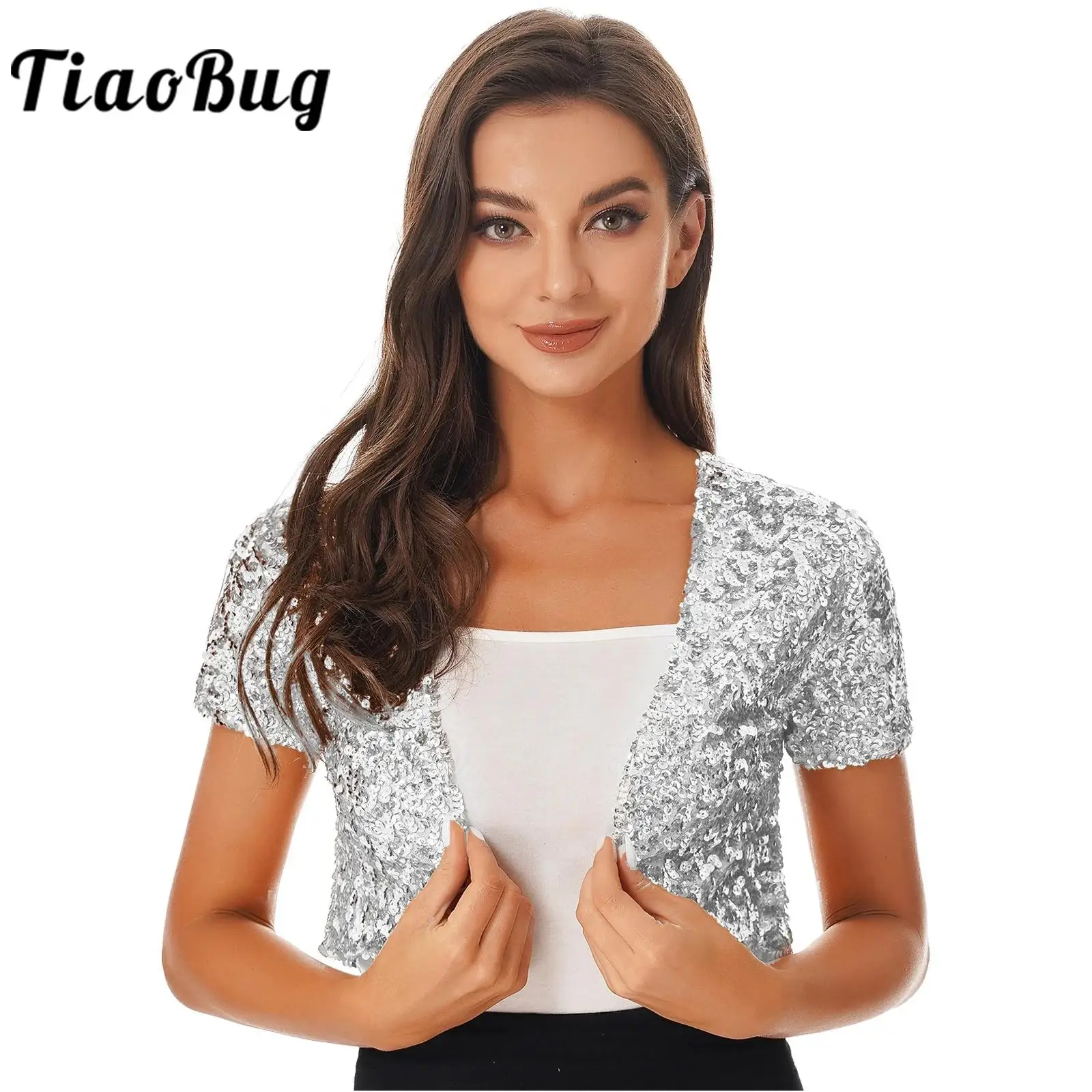 

Womens Shiny Sequins Jacket Coat Wedding Shrug Evening Bolero Cardigan Outwear for Retro Club Party Dance Performance Costume