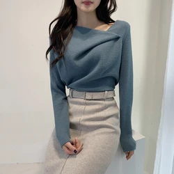 MEXZT Irregular Sweater Women Elegant White Knitted Pullovers Korean Fashion Long Sleeve Jumpers Winter Ladies Slim Knitwear New