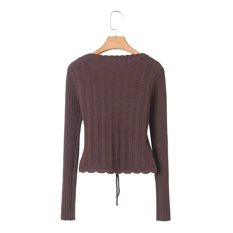 2023 Retro French Style V Neck Crop Pointelle Knit Pullover Sweater Woman Lacing Up Bow Waist Long Sleeve Jumper Knitwear