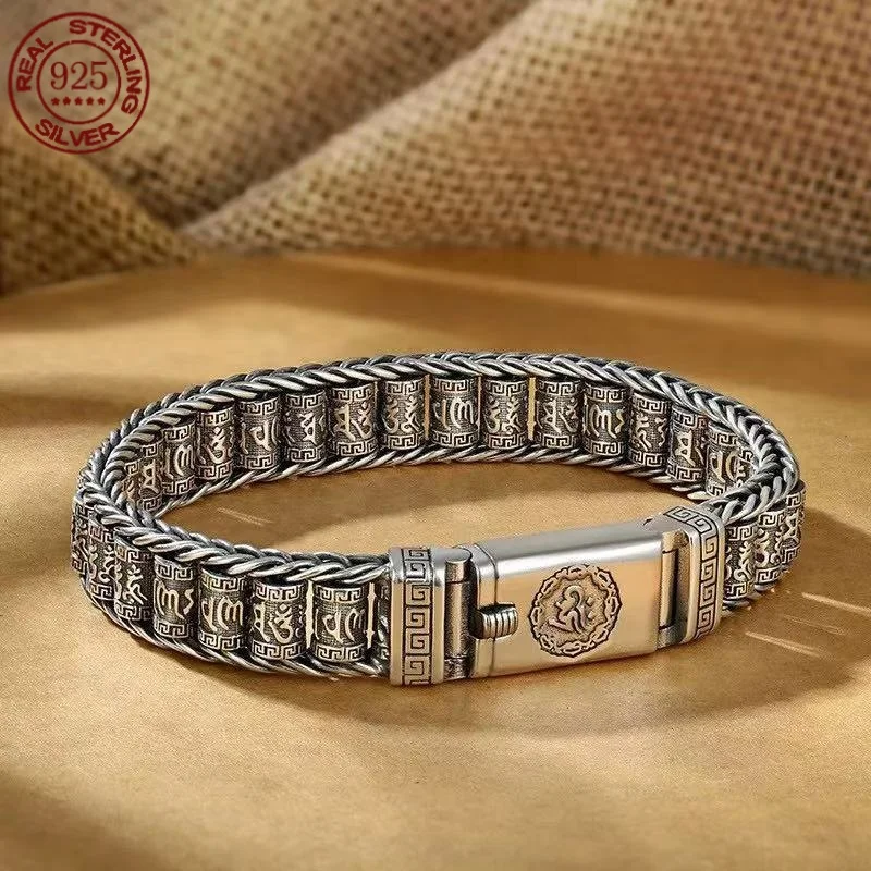 Pulseira masculina estilo retrô, pulseira de prata simples e generosa, pulseira mantra de seis caracteres, joias de corrente de prata 925