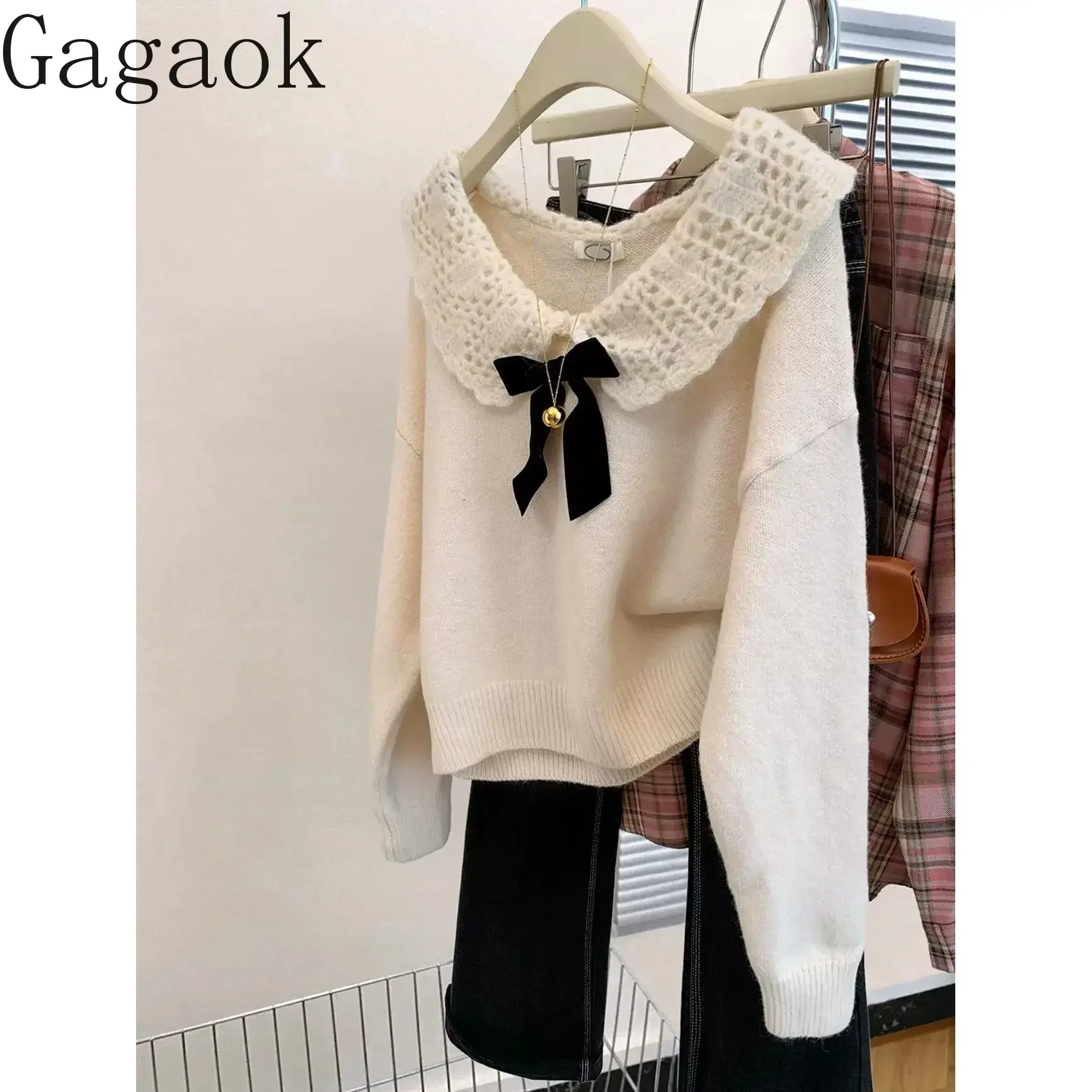 Gagaok Sweet Turn-down Collar Bow Pullover Sweater Women Autumn Winter Clothes Outwear Casual Slim Short Knitted Sweater Top