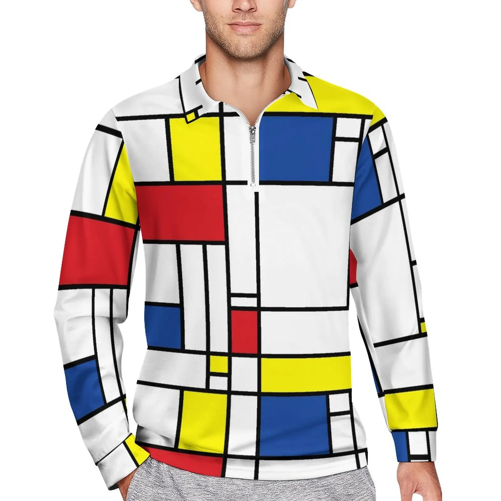 

Geometric De Stijl Casual Polo Shirts Mondrian Minimalist T-Shirts Long Sleeve Print Shirt Daily Street Style Oversized Men Tops