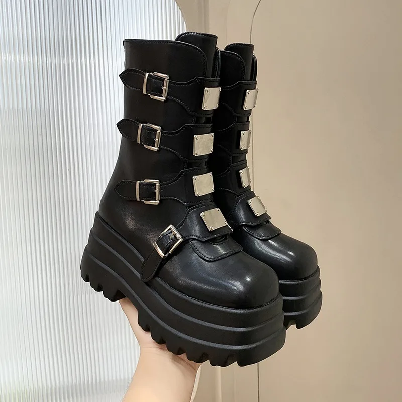 

Женские ботинки в стиле панк, уличная обувь на платформе 8 см, массивные ботинки с индивидуальным металлическим дизайном, крутая повседневная обувь на молнии для вечеринок в ночном клубе, размеры 35–42