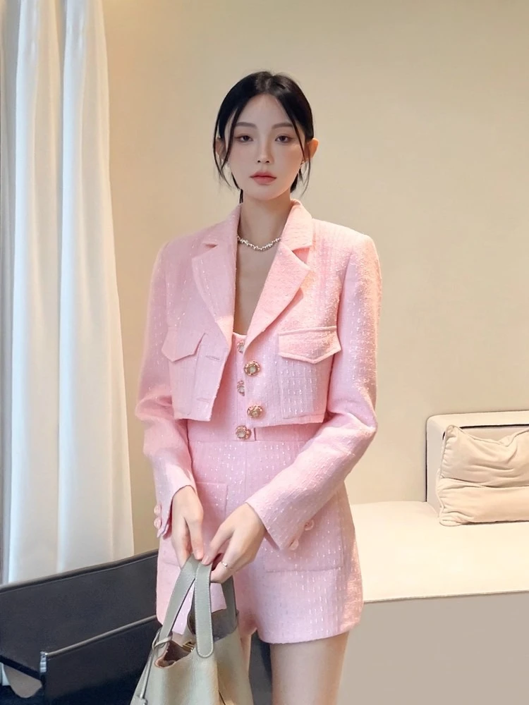 

Pink Elegant Suit Women's Autumn French High Quality Multi-Pocket Splicing Short Blazer Jacket Strapless Jumpsuit Two-Piece Set
