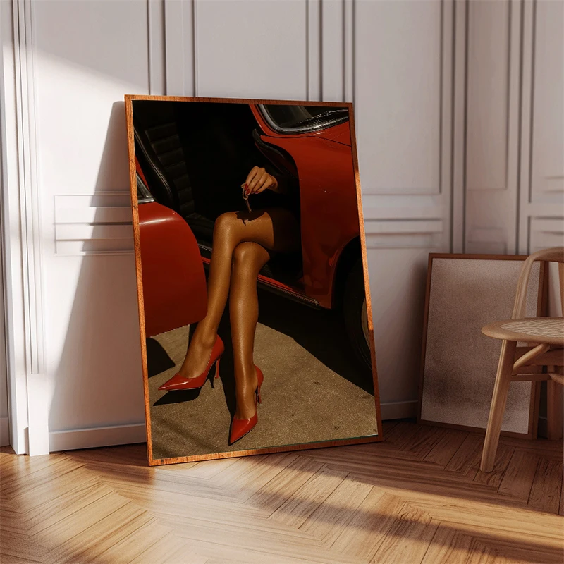 Trendy Red and Black Fashion Sexy Woman Red High Heels Vintage Car Poster Art Canvas Painting Print for Living Room Home Decor
