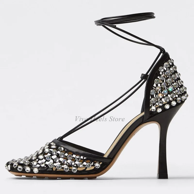 Square Toe Mesh Dimaond Lace up Sandals Colorful Leather Sexy Crystal  High Heels Women's 2025 Luxury Designer Party Shoes view 4