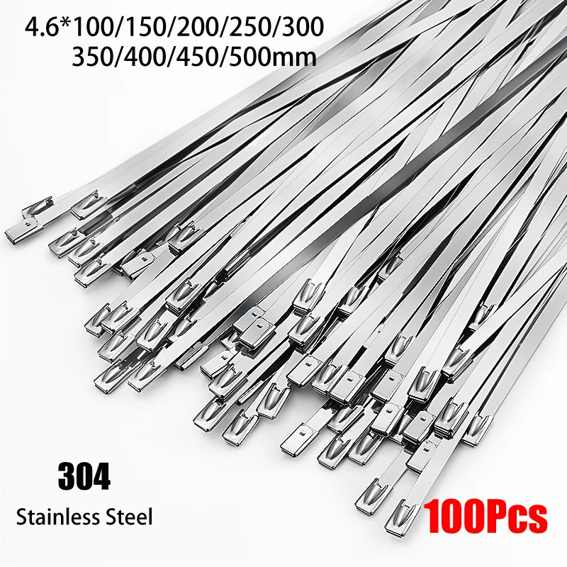 

100Pcs 304#Stainless Steel Metal Cable Ties With Self-locking 4.6mm Antioxidant Multifunctional Locking Cable Ties