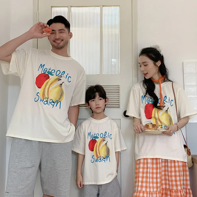 2026 Summer Family Matching Outfits Cartoon Print Cotton Short Sleeve T-Shirt Korean Style Mom Daughter Matching Skirt Set