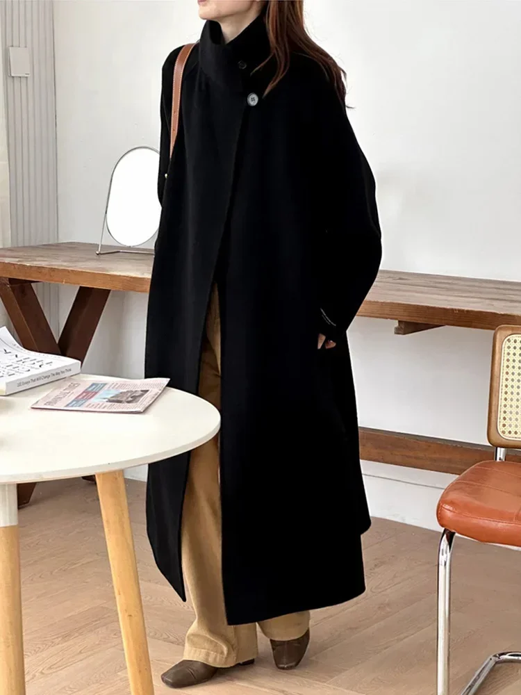 New Commuter Stand Collar Double-sided Wool Coat Women Fashion Long Lace-up Thick Long Sleeve Wool Coat Female Trench Outerwear