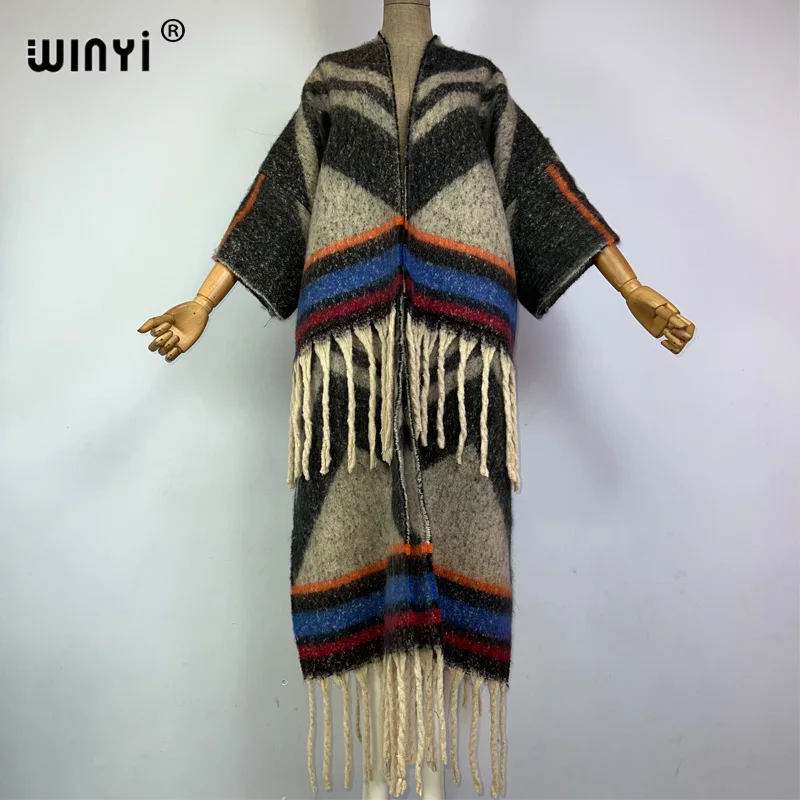 

WINYI winter coat for women Geometric print tassels Luxury Long Fur Loose OverCoat Thick Warm long down coat fashion cardigan