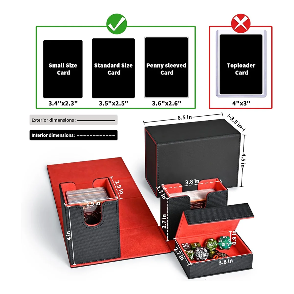 AT42 Card Deck Box, Premium Card Box with Flip Dice Tray , Card Deck Case Storage Box for Sports Playing Game Cards Black+Red