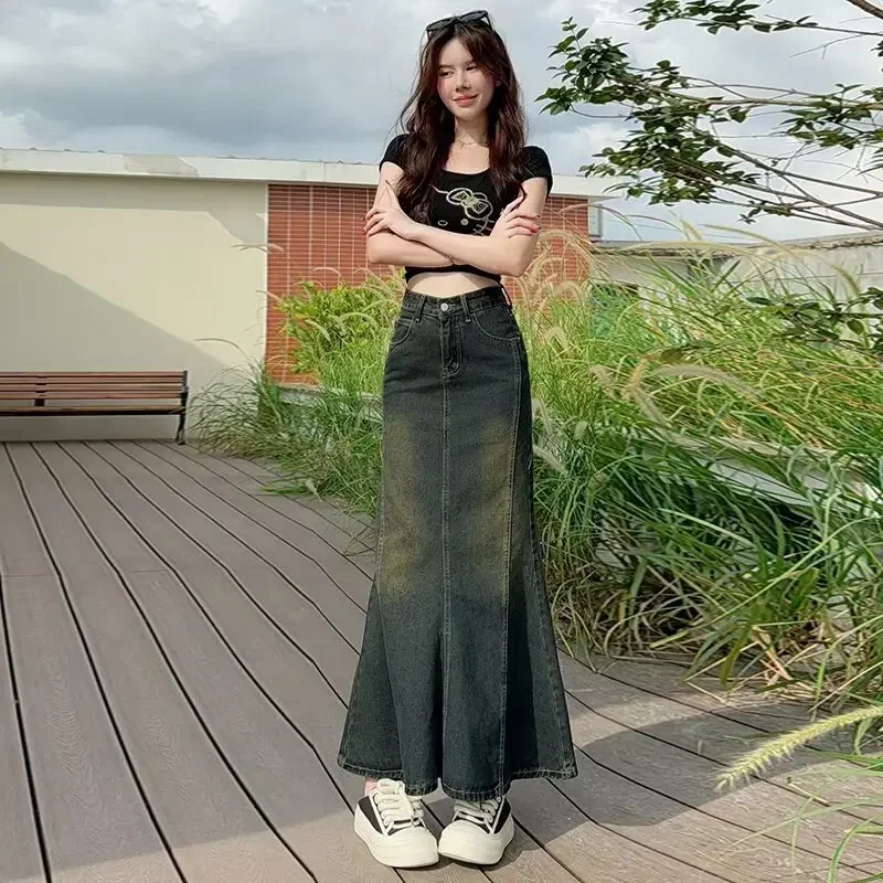 Pop American Style Retro Denim Mini Skirt Women's High Waist Slimming Mid-Length A- Line Skirt Bodycon Fish Tail Skirt