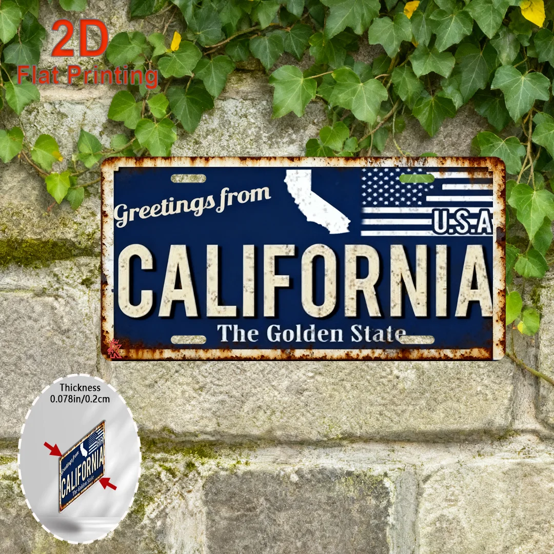 2D Flat Vintage Durable Aluminum Metal Sign California State Flag Golden State Text Theme Retro Wall Art Plaque for Home Bar Caf