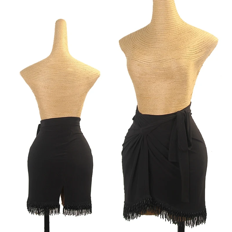 Latin Dance Skirt Womne One Piece Hip Scarf Black Fringe Rumba Samba Dance Practice Skirt Adult Sexy Strap Latin Skirt DNV21222